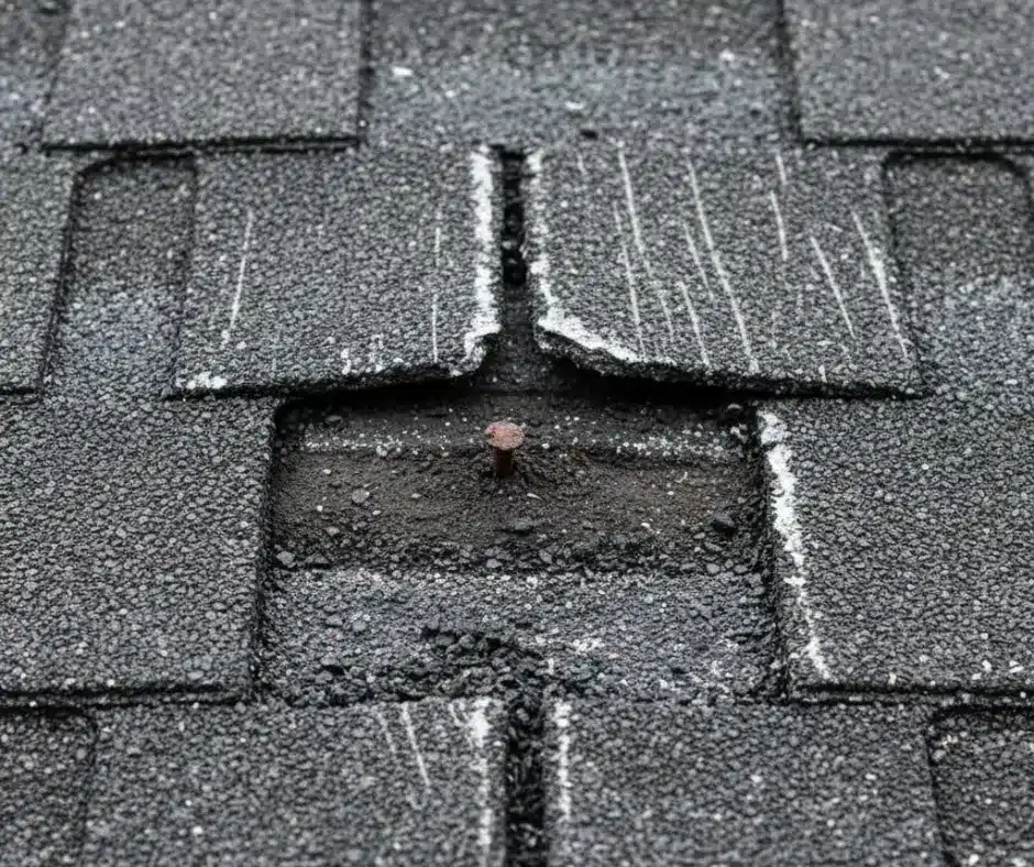 Close-up of asphalt shingles scraped and lifted, exposing a roofing nail. Damaged done by improper use of roof rakes