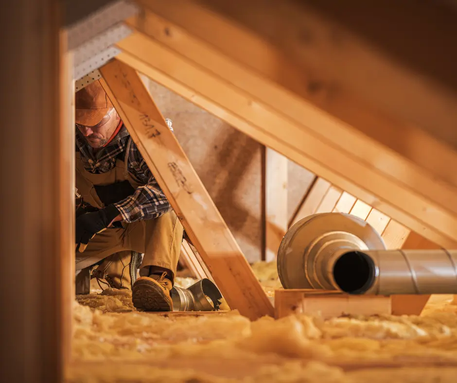 Attic worker inspecting roof trusses and insulation for condensation damage