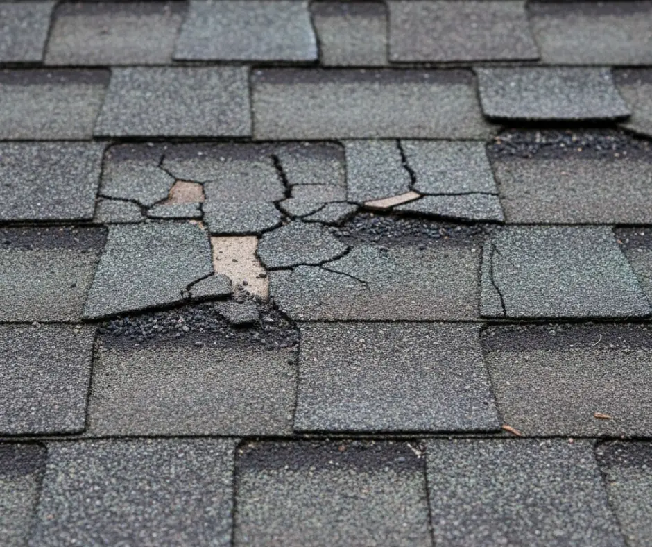 Damaged asphalt shingles with cracks. Often comes with shingles blistering