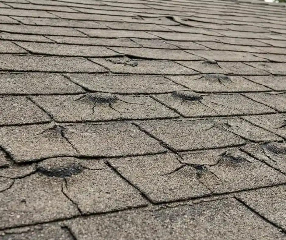 Worn shingles with visible damage.
