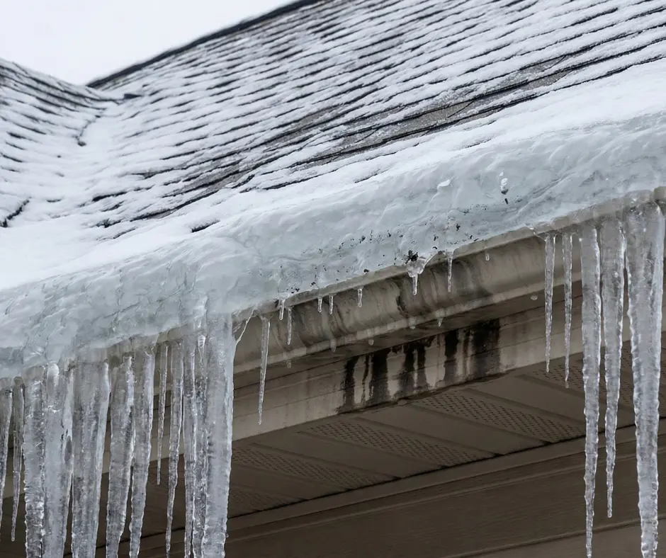 Close-up of long icicles hanging from an ice-covered roof edge