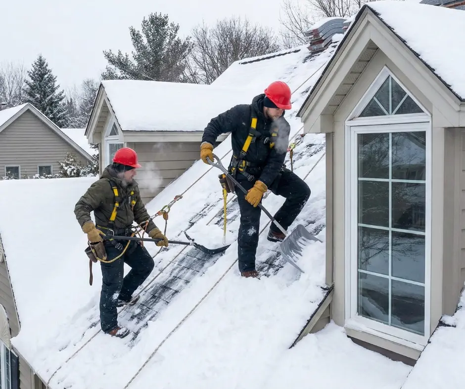 Two workers in safety gear shoveling snow from a pitched roof