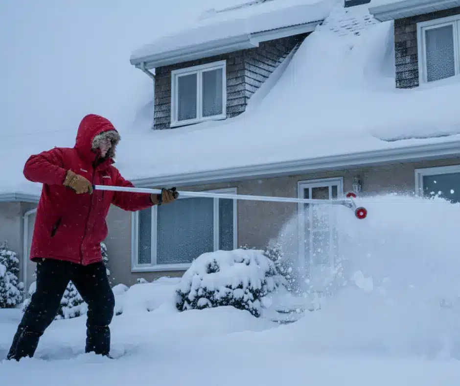 Person in a red winter coat using roof rakes to pull heavy snow off a house roof.