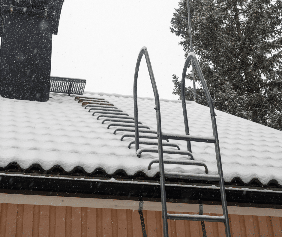 Roof covered in snow with a metal roof ladder leading up toward a chimney during a light snowfall.