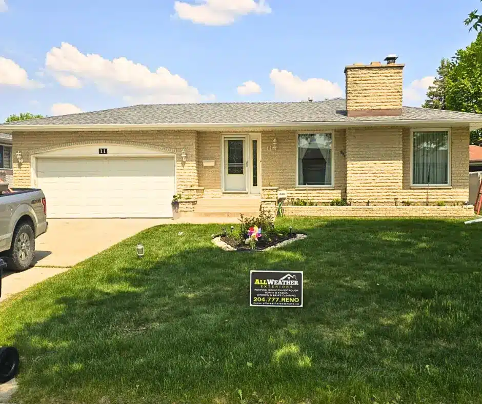 Winnipeg bungalow with new roof and All Weather Exteriors yard sign.
