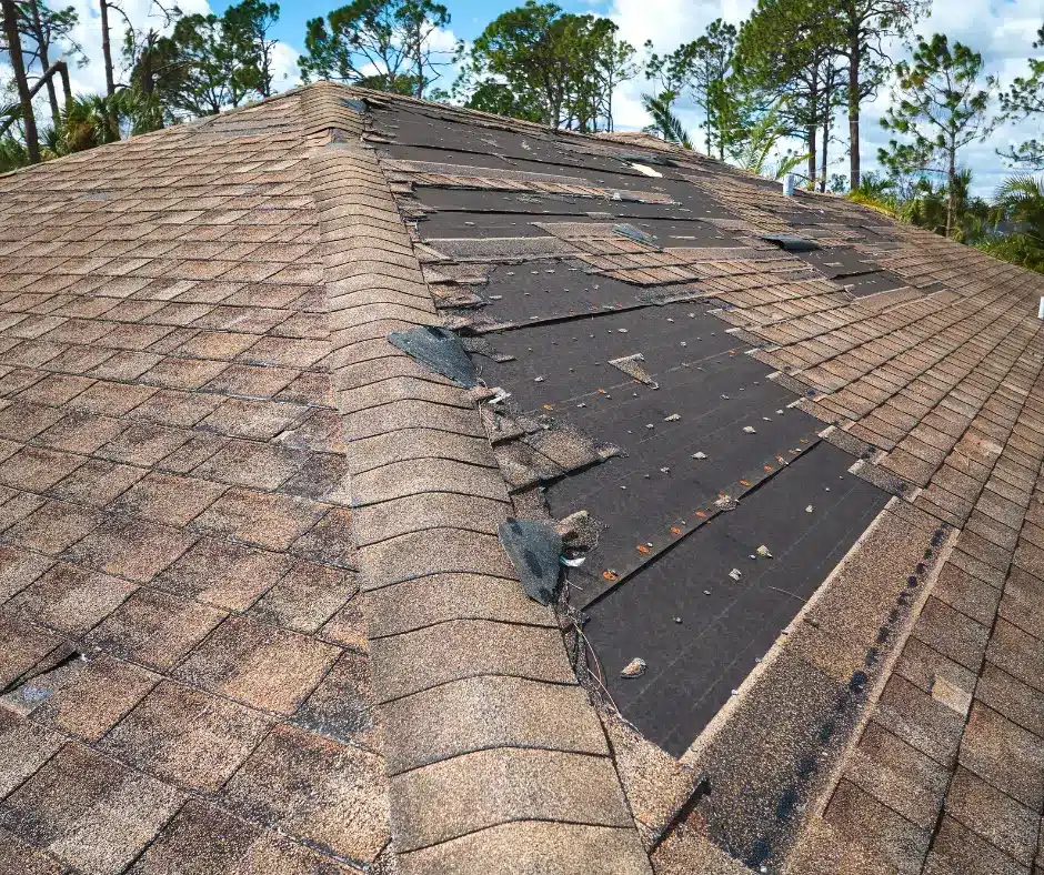 Asphalt shingle roof with severe wind and hail damage.